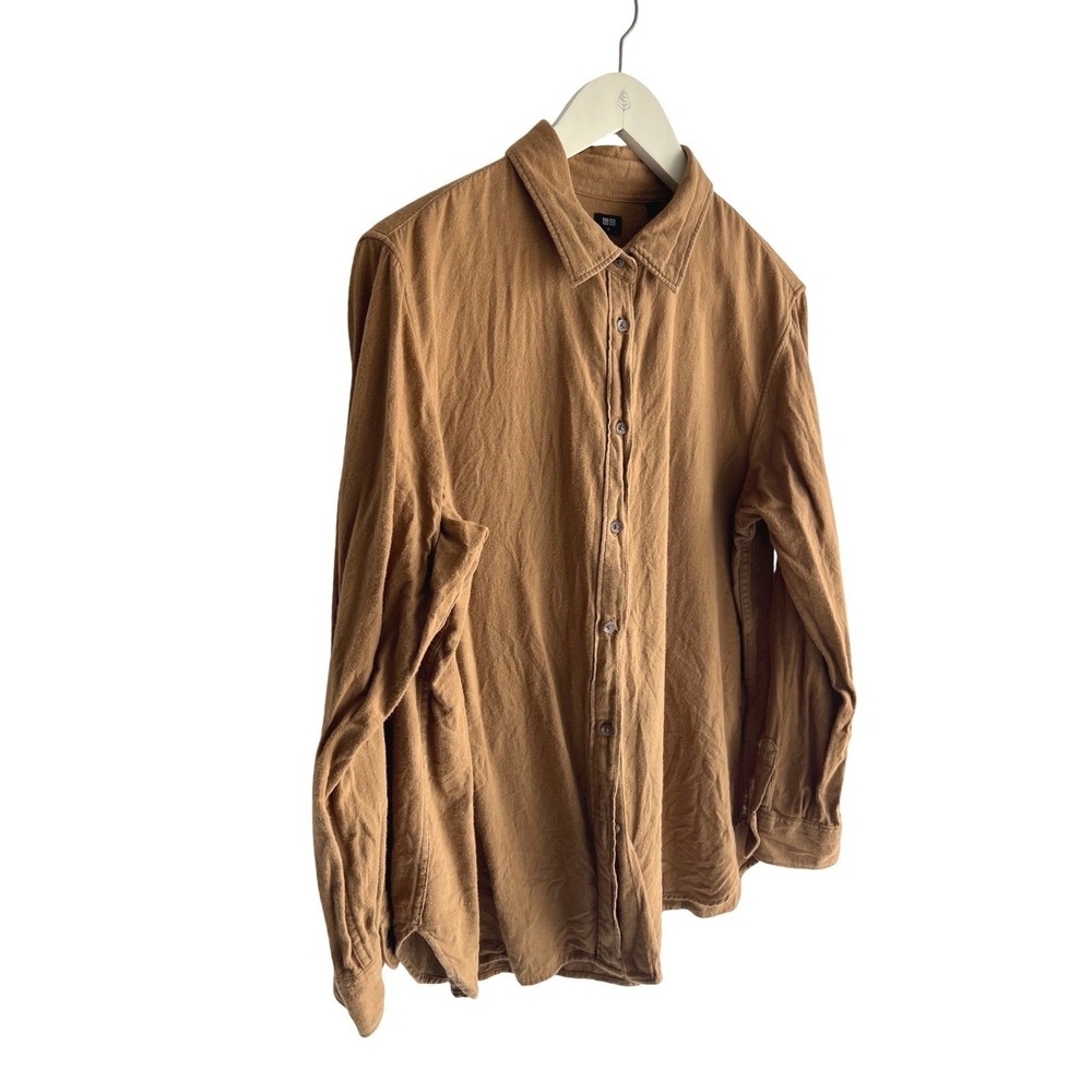 Uniqlo Womens 100% Cotton Flannel Button‎ Down Shirt Camel Brown 231-410396 - Picture 4 of 8